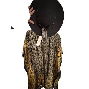 Adrienne Vittadini Black & Gold Kimono + Matching Sun Hat Set (New With Tags)